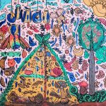 various forest creatures and trees on a pink background