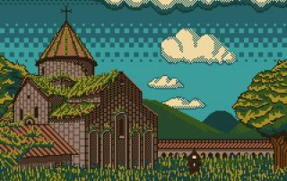 digital print of a video game pixelated brown church with grass in the foreground, and white clouds against a blue sky with mountains in the distance