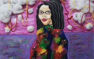 mixed media portrait of a black woman in a colorful shirt. The figure is places against a purple and pink background with clouds made of cotton balls.