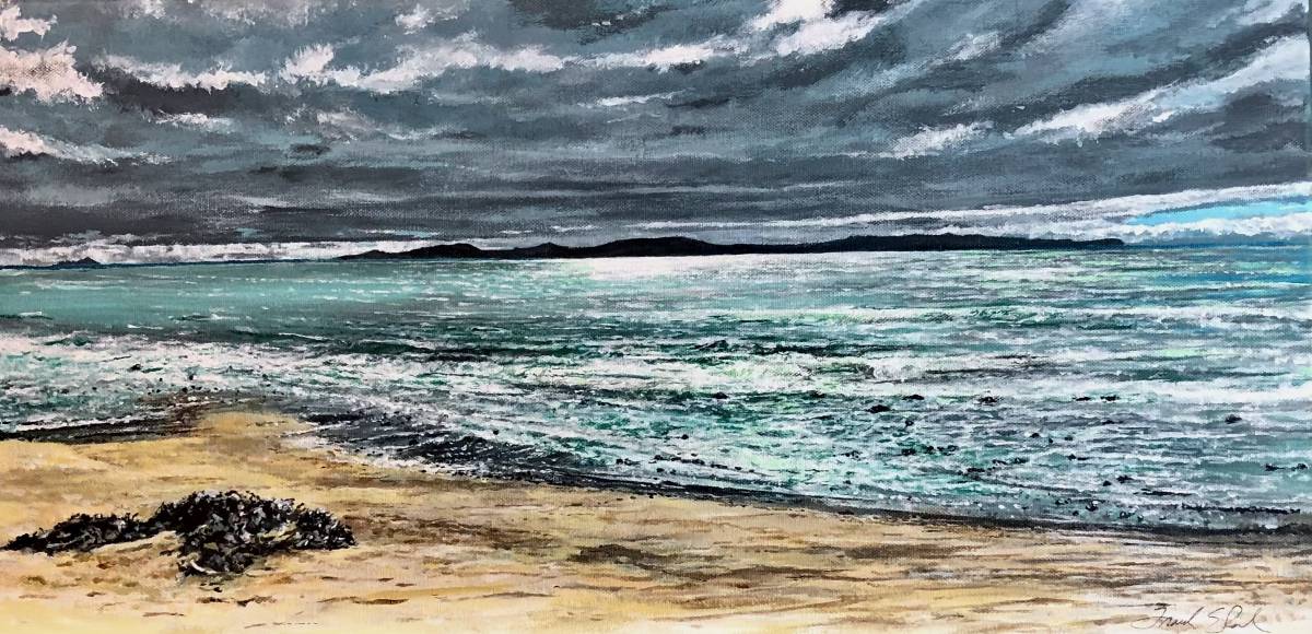painting of blue skies with white wispy clouds, and ocean waves crashing against the shoreline
