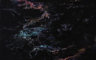 abstract painting of black background with organic swirling textured red, pink and blue hues